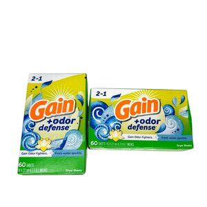Gain + Odor Defense Fresh Water Sparkle Dryer Sheets, Two Boxes 120 Ct (60/Box)